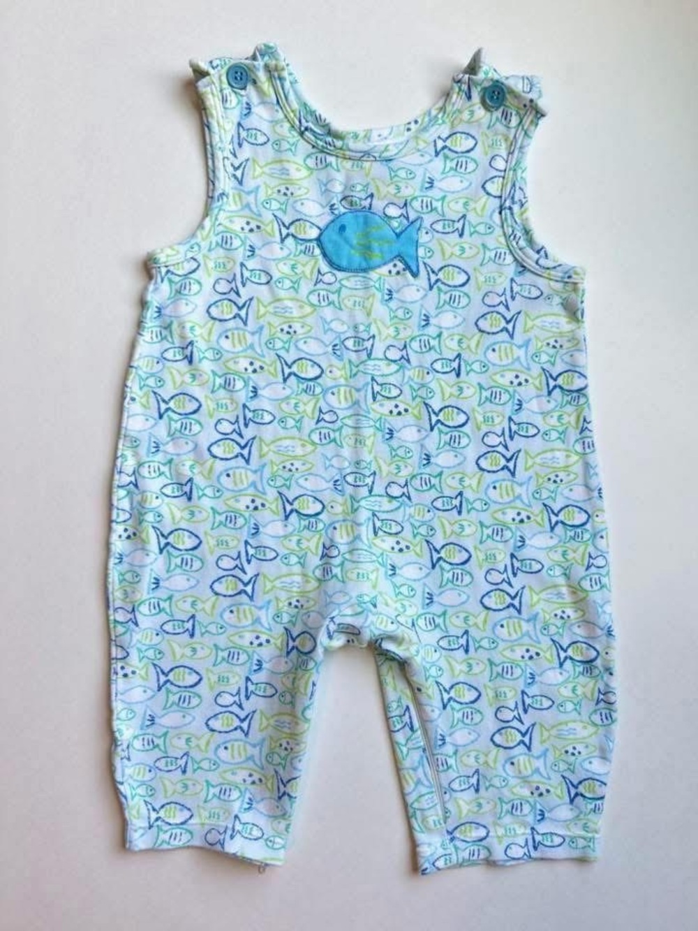 Vintage New Potatoes Baby Fish Print Romper in Blue & Green